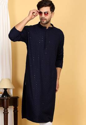 Elegant dark blue kurta set with sequins detailing 2
