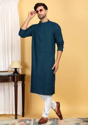 Elegant teal green kurta set with sequins detailing 3
