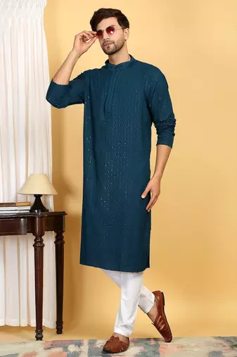 Elegant teal green kurta set with sequins detailing