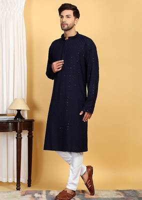 Elegant dark blue kurta set with sequins detailing 3