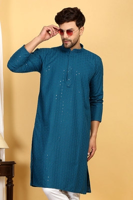 Turquoise embroidered kurta set with sequins highlights 2