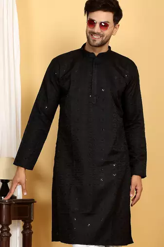 Black embroidered kurta set with sequins highlights