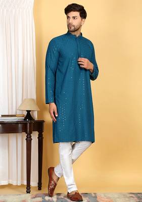 Turquoise embroidered kurta set with sequins highlights 3