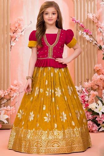  Girls Rani Pink & Mustard Silk Peplum Lehenga Choli Set with Gold Zari Work
