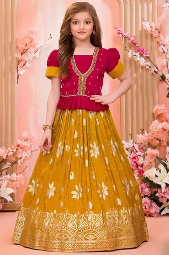  Girls Rani Pink & Mustard Silk Peplum Lehenga Choli Set with Gold Zari Work