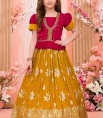  Girls Rani Pink & Mustard Silk Peplum Lehenga Choli Set with Gold Zari Work