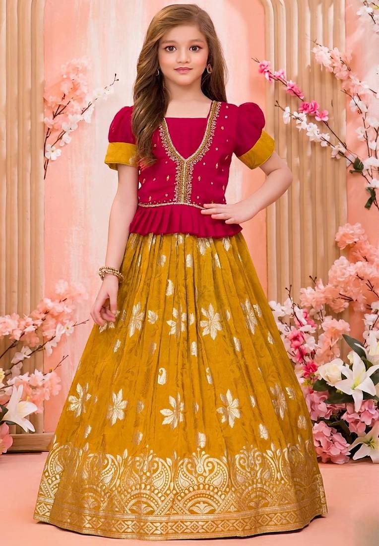  Girls Rani Pink & Mustard Silk Peplum Lehenga Choli Set with Gold Zari Work