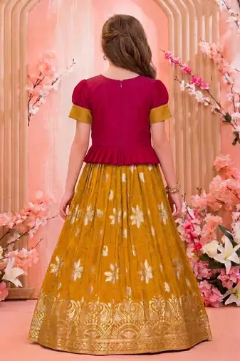  Girls Rani Pink & Mustard Silk Peplum Lehenga Choli Set with Gold Zari Work