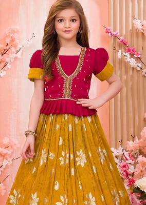  Girls Rani Pink & Mustard Silk Peplum Lehenga Choli Set with Gold Zari Work 3