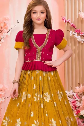  Girls Rani Pink & Mustard Silk Peplum Lehenga Choli Set with Gold Zari Work