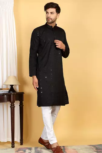 Black embroidered kurta set with sequins highlights
