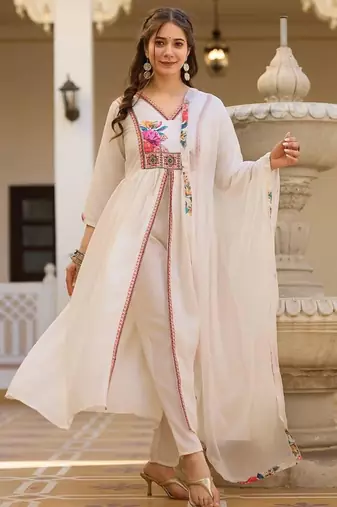 White elegant silk kurti set with embroidered work & printed nazmin dupatta