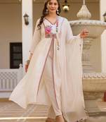 White elegant silk kurti set with embroidered work & printed nazmin dupatta