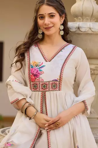 white silk embroidered kurti set with dupatta
