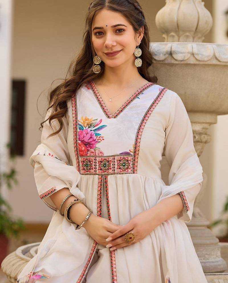 White elegant silk kurti set with embroidered work & printed nazmin dupatta