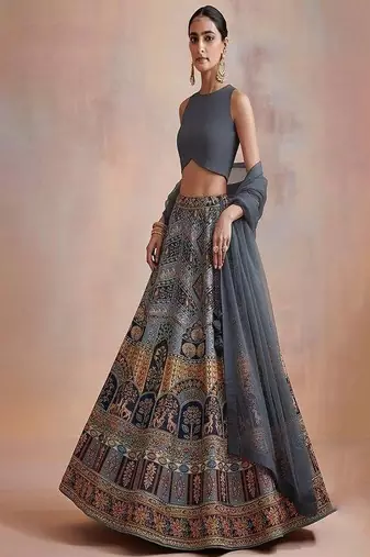 Grey Embroidered Crepe Lehenga Set