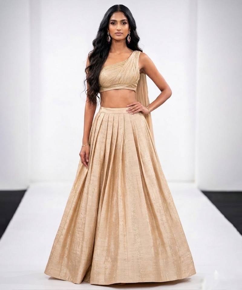 beige raw silk indo western lehenga set