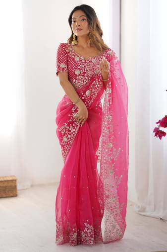 Designer heavy organza silk saree with thread & sequin embroidery | party wear elegant saree with unstitched blouse