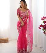 Designer heavy organza silk saree with thread & sequin embroidery | party wear elegant saree with unstitched blouse