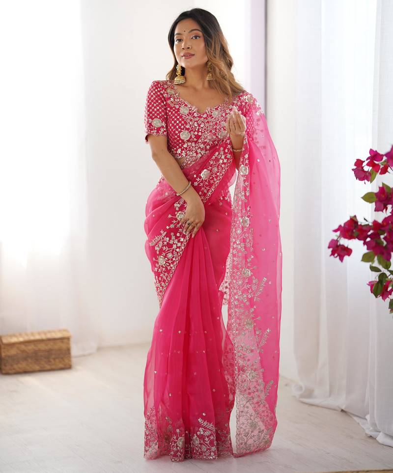 Designer heavy organza silk saree with thread & sequin embroidery | party wear elegant saree with unstitched blouse