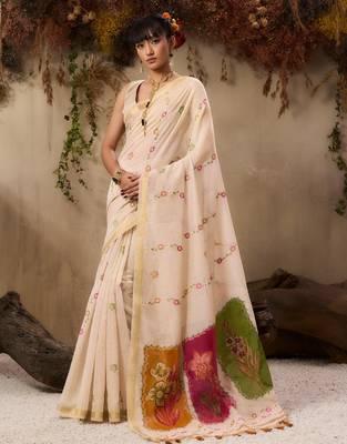  jamdani soft muga cotton saree with resham weaving & zari border | elegant floral pallu saree 1