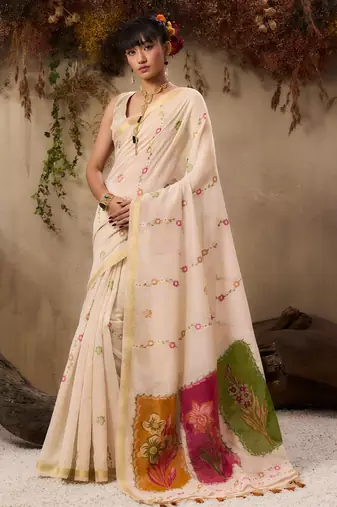 Premium jamdani soft muga cotton saree with resham weaving & zari border | elegant floral pallu saree