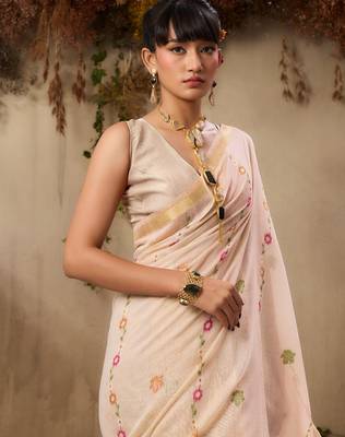  jamdani soft muga cotton saree with resham weaving & zari border | elegant floral pallu saree 3