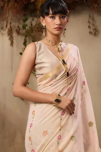 Premium jamdani soft muga cotton saree with resham weaving & zari border | elegant floral pallu saree