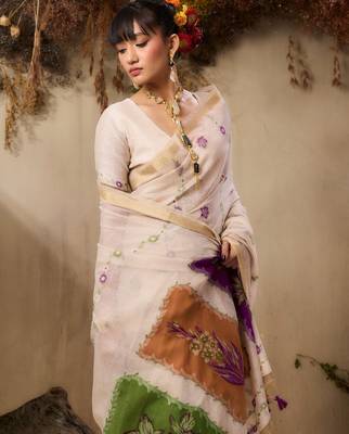  jamdani soft muga cotton saree with resham weaving & zari border | elegant floral pallu saree 4
