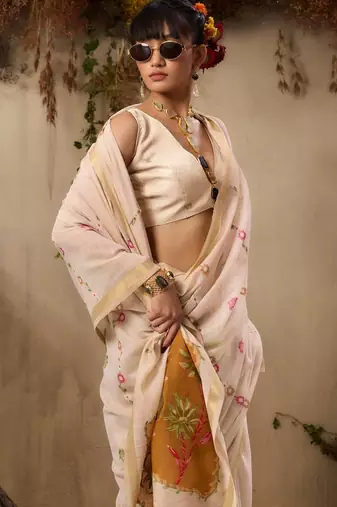 Premium jamdani soft muga cotton saree with resham weaving & zari border | elegant floral pallu saree