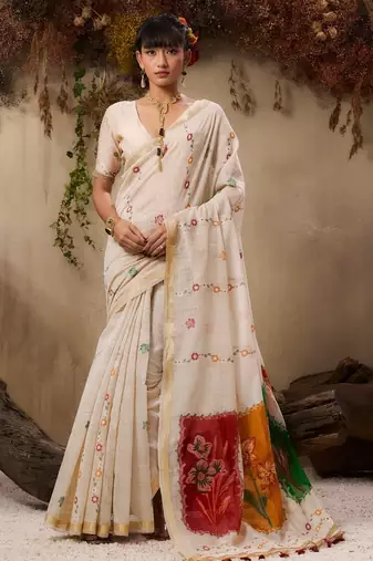 Premium jamdani soft muga cotton saree with resham weaving & zari border | elegant floral pallu saree