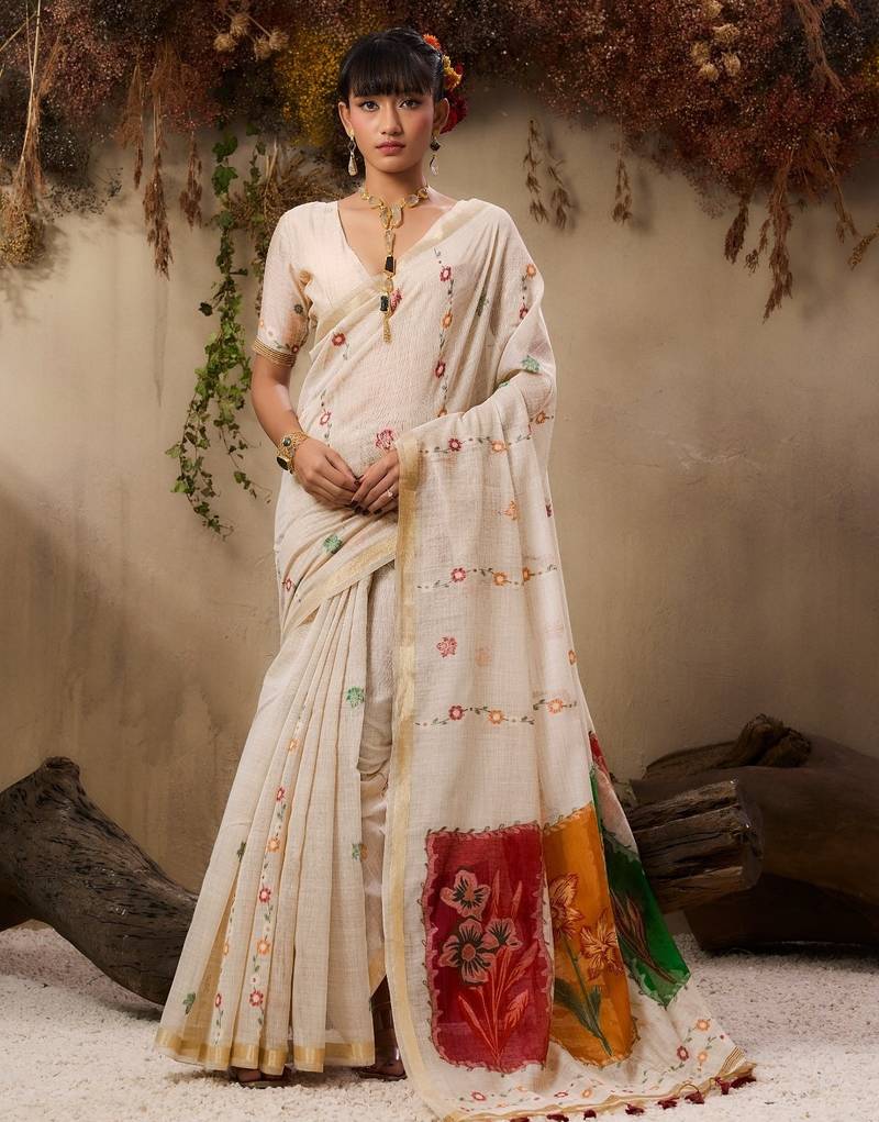 Premium jamdani soft muga cotton saree with resham weaving & zari border | elegant floral pallu saree