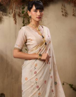 Premium jamdani soft muga cotton saree with resham weaving & zari border | elegant floral pallu saree 2