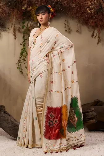 Premium jamdani soft muga cotton saree with resham weaving & zari border | elegant floral pallu saree