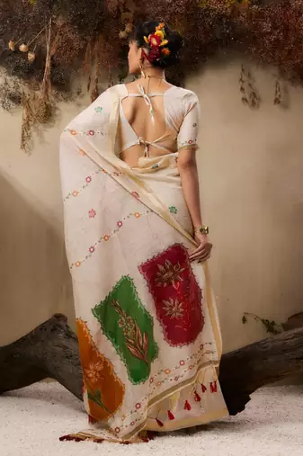 Premium jamdani soft muga cotton saree with resham weaving & zari border | elegant floral pallu saree