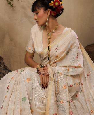 Premium jamdani soft muga cotton saree with resham weaving & zari border | elegant floral pallu saree 5
