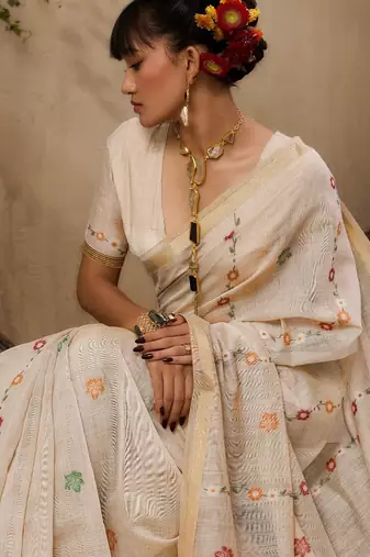 Premium jamdani soft muga cotton saree with resham weaving & zari border | elegant floral pallu saree