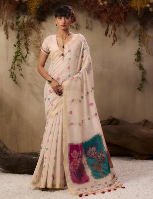  jamdani soft muga cotton saree with resham weaving & zari border | elegant floral pallu saree 1