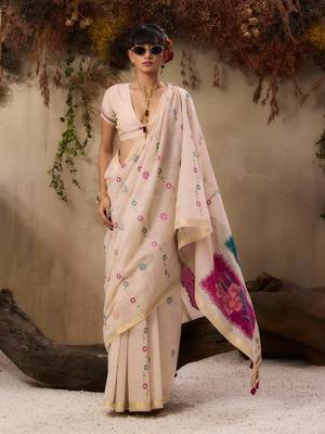  jamdani soft muga cotton saree with resham weaving & zari border | elegant floral pallu saree 2