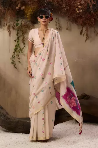 Premium jamdani soft muga cotton saree with resham weaving & zari border | elegant floral pallu saree
