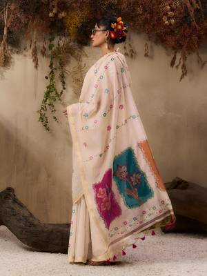  jamdani soft muga cotton saree with resham weaving & zari border | elegant floral pallu saree 3