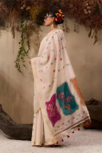 Premium jamdani soft muga cotton saree with resham weaving & zari border | elegant floral pallu saree