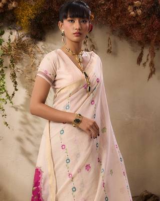 jamdani soft muga cotton saree with resham weaving & zari border | elegant floral pallu saree 4