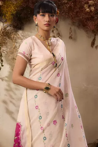Premium jamdani soft muga cotton saree with resham weaving & zari border | elegant floral pallu saree