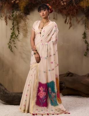  jamdani soft muga cotton saree with resham weaving & zari border | elegant floral pallu saree 5