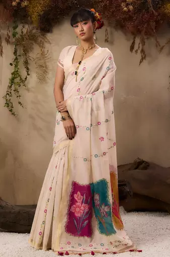 Premium jamdani soft muga cotton saree with resham weaving & zari border | elegant floral pallu saree