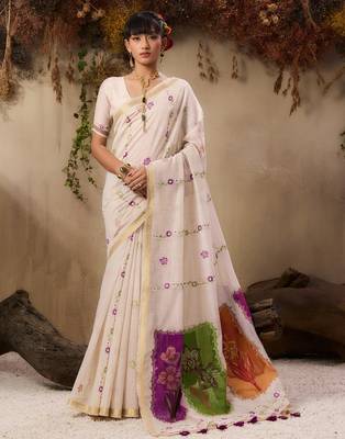  jamdani soft muga cotton saree with resham weaving & zari border | elegant floral pallu saree 1