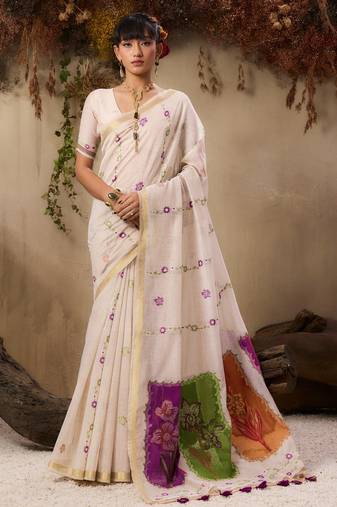Premium jamdani soft muga cotton saree with resham weaving & zari border | elegant floral pallu saree