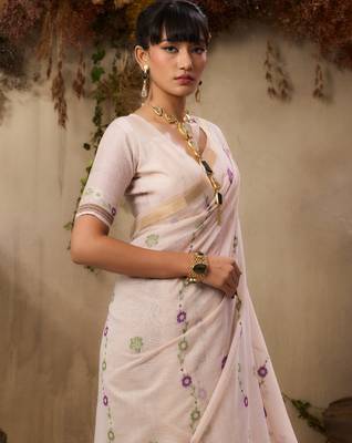  jamdani soft muga cotton saree with resham weaving & zari border | elegant floral pallu saree 2
