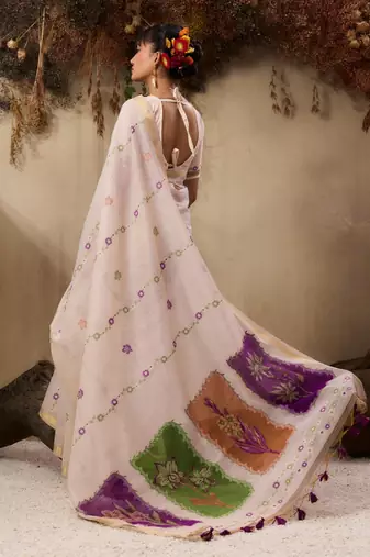 Premium jamdani soft muga cotton saree with resham weaving & zari border | elegant floral pallu saree